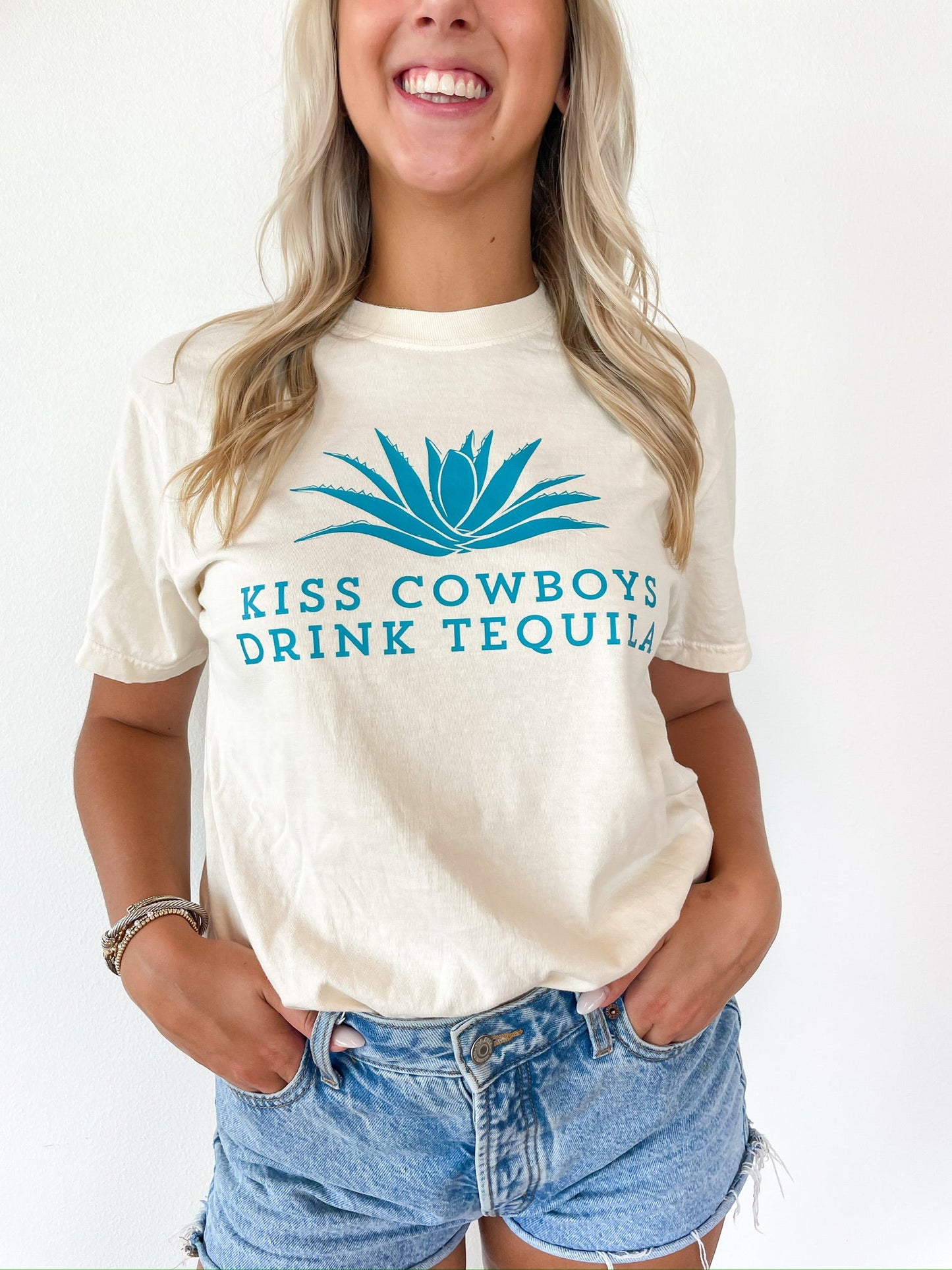 Kiss Cowboys Drink Tequila Tee - Cream