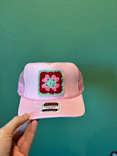 NUTCRACKER - PINK TRUCKER WITH MULTI COLORED GRANNY SQUARE