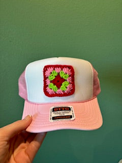 NUTCRACKER - LIGHT PINK AND WHITE TRUCKER WITH MULTI GRANNY SQUARE