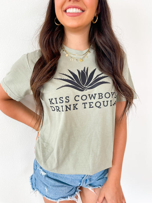 Kiss Cowboys Drink Tequila Tee - Sage