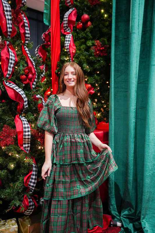 NUTCRACKER - HUNTER GREEN, CHRISTMAS PLAID, BUBBLE SLEEVE DRESS