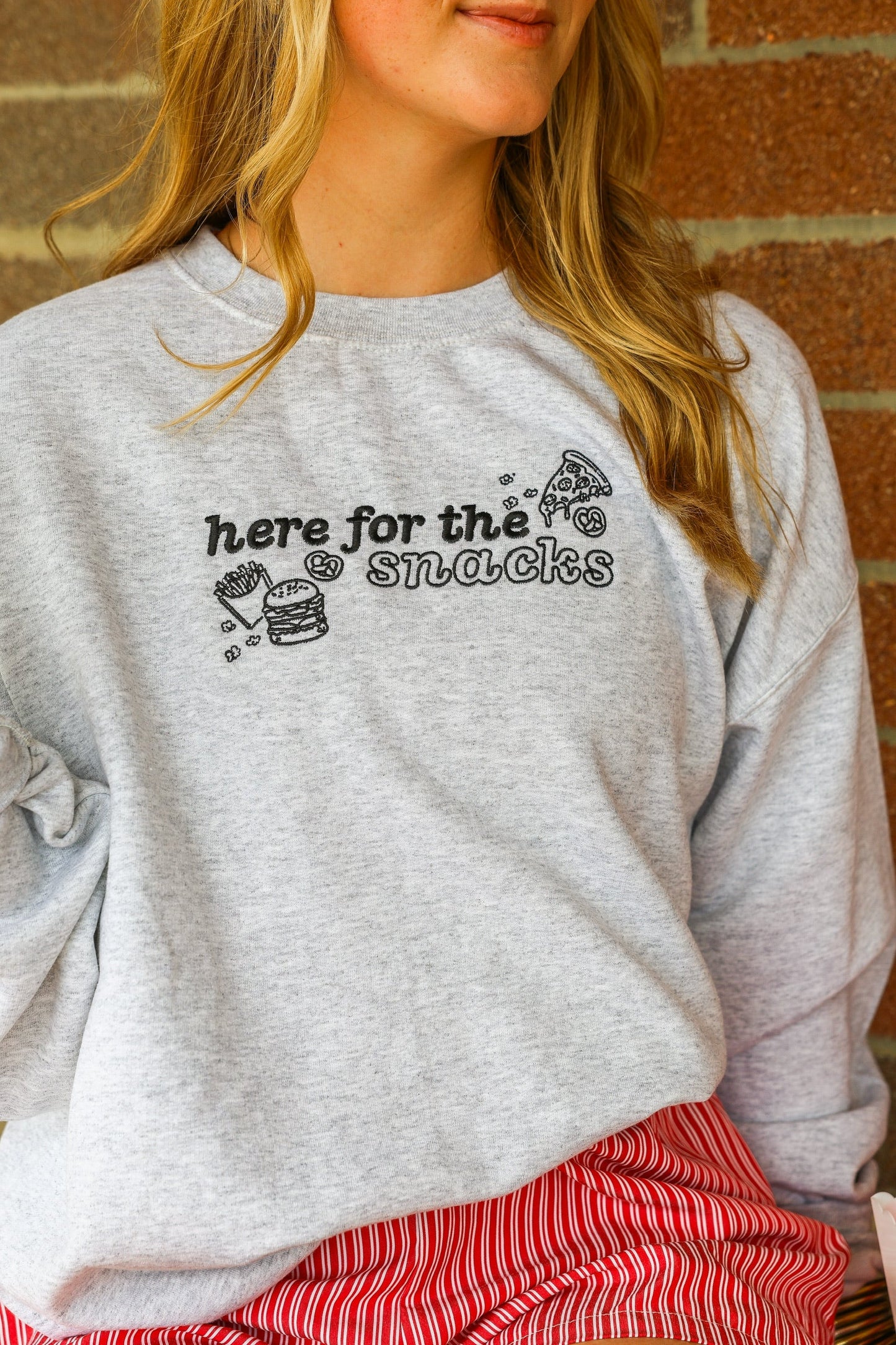 HERE FOR THE SNACKS CUSTOM CREWNECK