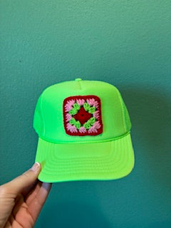 NUTCRACKER - LIME GREEN TRUCKER WITH MULTI COLORED GRANNY SQUARE