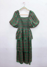 NUTCRACKER - HUNTER GREEN, CHRISTMAS PLAID, BUBBLE SLEEVE DRESS