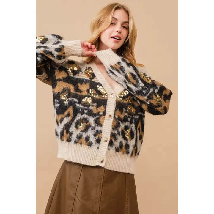 NUTCRACKER - SOFT LEOPARD PATTERN SEQUIN CARDIGAN SWEATER