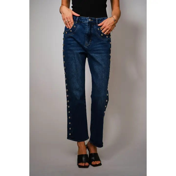 NUTCRACKER - METAL STUDDED HIGH RISE STRAIGHT FIT DENIM JEANS
