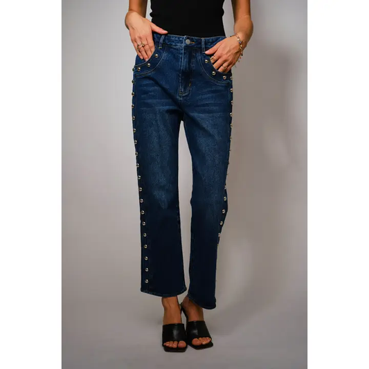 NUTCRACKER - METAL STUDDED HIGH RISE STRAIGHT FIT DENIM JEANS