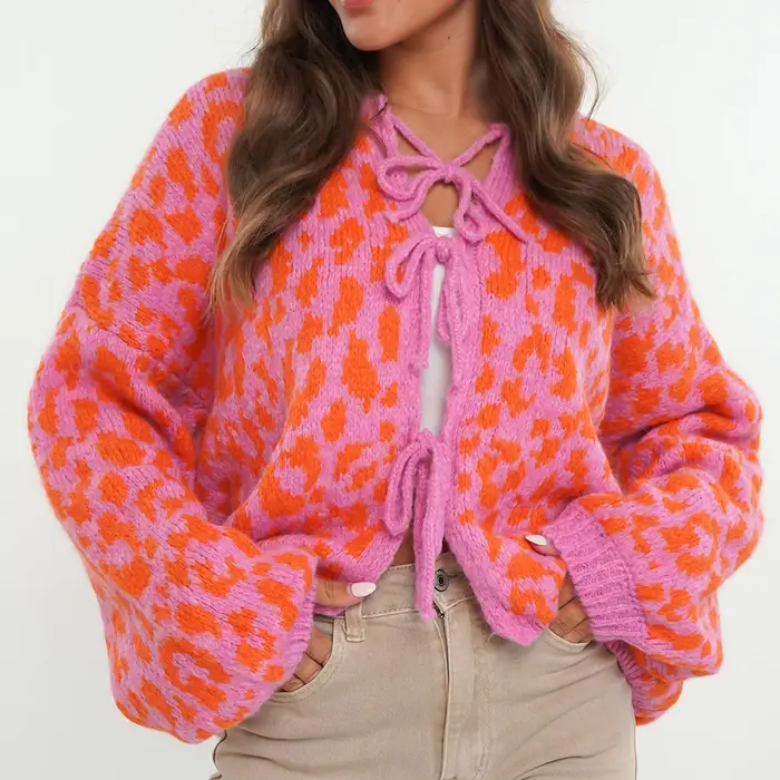 NUTCRACKER - RETRO TRENDY CHEETAH LEOPARD PRINT LACE UP CARDIGAN