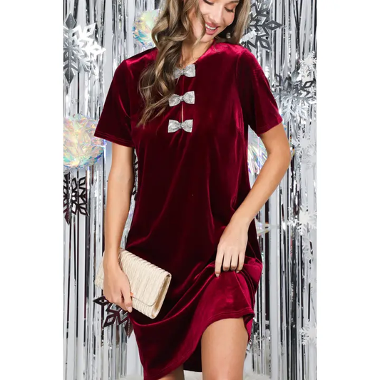 SPARKLING BOW SEQUIN MINI VELVET DRESS